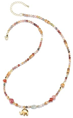 JSDDE Damen Kette mit Elefant Anhänger Bunte Perlenkette Edelsteine Kette Strand Halskette Glückskette Boho Stil Schmuck spirituelle Geschenke