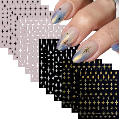 Nymora 12 Blätter Goldene Stern Nageldesign Sticker Folien 3D selbstklebend golden weiß schwarz Stern Design Nageldesign Dekoration Materialien Accessoires für Damen Acrylnagel Maniküre DIY Dekoration