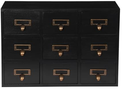 Holz Schubladenbox Vintage Aufbewahrungschrank mit 9 Schubladen Holz Schubladenschrank Rustikal Schubladen Organizer Tischplatte Aufbewahrungbox für Wohnzimmer, Schlafzimmer, Büro, Schwarz