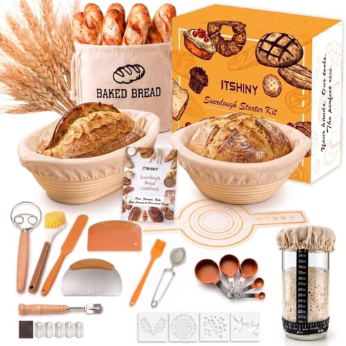 ITSHINY Juego de iniciación de levadura, cesta de fermentación ovalada (29 cm) y redonda (26 cm) con cubierta, cesta de fermentación, accesorios para hornear pan, accesorios para hornear pan para