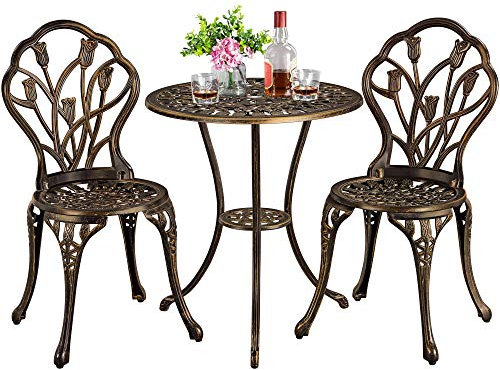 Yaheetech 3 Piece Patio Bistro Set, Aluminum Round Table & 2 Chairs, Bronze