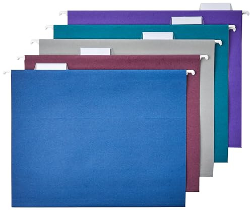 Amazon Basics Hanging File Folders with Adjustable Tabs for Document Organization, Letter Size, Assorted Jewel-Tone Colors, 25-Pack