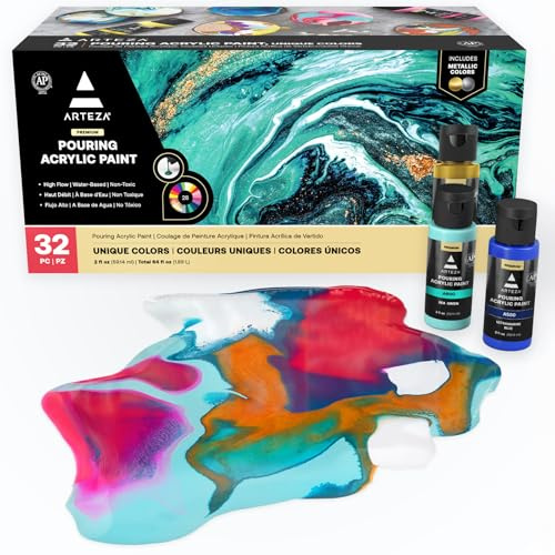 ARTEZA Acrylic Pouring Paint kit, 60 Milliliter Bottles, 32 Assorted Colors, High Flow Acrylic Paint, No Mixing Needed, for Pouring on Different Surfaces