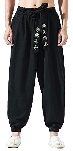 HAORUN Pantaloni da uomo in stile cinese Kung Fu Tai Chi pantaloni larghi in lino casual retrò gamba larga, nero, M