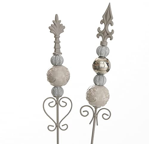 dekorativer Gartenstecker Motiv Lilie Metall hellgrau mit Keramik - Kugelornamenten im 2-er Set in 2 möglichen Farbvarianten hellgrau - taupe - silber oder creme-hellrose - silber (hellgrau - taupe)
