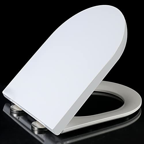 Soft Close Toilet Seat with Quick Release for Easy Cleaning, Anti-Bacterial Toilet Seats White with Adjustable Stainless Hinges,D Shape Toilet Lid Loo Seat, Toilet Seat Cover Bathroom, White