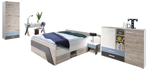 Lomadox Jugendzimmer Kinderzimmer Komplett Set, Sandeiche mit weiß Lava blau, 140 x 200 cm Jugendbett, Kleiderschrank, Nachttisch, Kommode, Schreibtisch