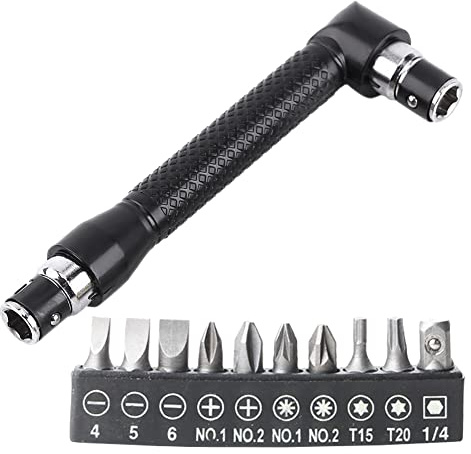 Kigauru Double-Headed L-Shaped Socket 1/4 Inch Hex Socket Wrench 90 Degree Right Angle Screwdriver Adapter with 10Pcs Various Angled Screwdriver Bits Tool