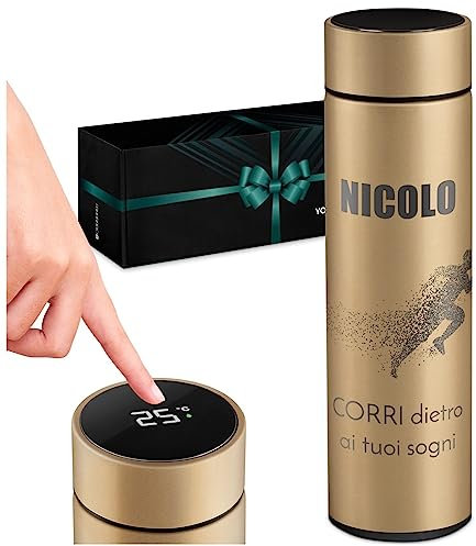 Maverton Thermos caffè 450 ml - tazza termica incisione personalizzata in acciaio inox - thermos coperchio ermetico one-touch - borraccia con display led - per uomo - gold - Sogni