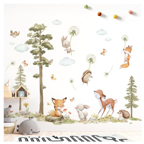 DEKO KINDERZIMMER Wandtattoo Waldtiere Baum Wandsticker Fuchs Hase REH Wandaufkleber Babyzimmer Pusteblume Kinderzimmer Wanddeko DK1137-05