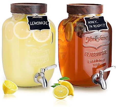 Mustry Glass Drink Dispenser for Parties, 1 Gallon Beverage Dispenser with Spigot Solid Stainless Steel, Used as Lemonade Dispenser Sun Tea Jar Kombucha Jar, Set of 2
