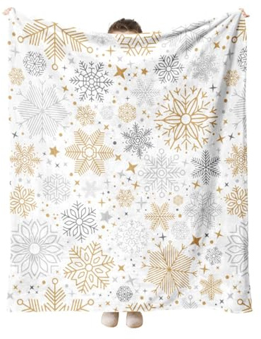 Hixingo Weihnachten Kuscheldecke Flauschig Decke Weihnachten Schneeflocke Bedruckte Flanelldecke Fleecedecke, Luxus Weich Warm Wohndecke, Sofadecke, TV-Decke, Tagesdecke (204x153cm,Weißes Gold)