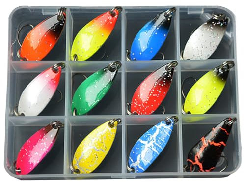 Spoon Angeln Set,LYQQY 12 Stücke Fishing Forellen Spoon Set Lebensecht und Kompakt Forellen Blinker Spoons Forelle Mit Box füR Salzwasser Und SüSswasser für Hecht, Zander, Barsch, Forelle