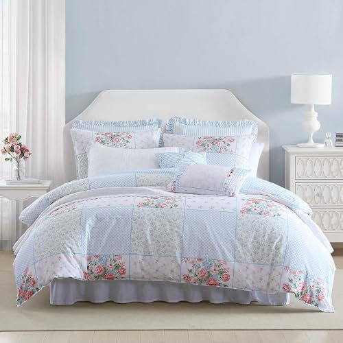 Laura Ashley - Duvet Set, Super Soft & Cozy Bedding, Includes Matching Shams & Bonus Throw Pillow Covers, Coquette Room Decor (Hope Patchwork Blue, Twin)
