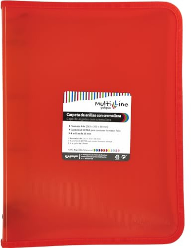 Grafoplás Ringordner mit Reißverschluss, A4+, Rot, Multiline, 4 gemischte Ringe, 25 mm, Deckel aus Polypropylen, liniert, vertikal, extra Kapazität für Blatt im Folioformat
