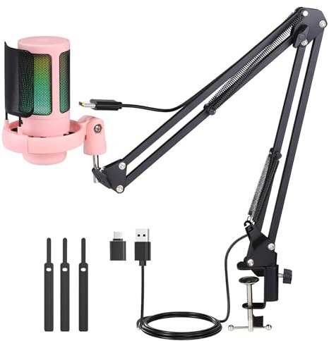 Rablue USB Gaming Microphone Kit for PC, RGB Condenser Microphone Podcast Mic with Monitoring Jack, Quick Mute, Gain Control, Recorded Arm support Twitch Mac PS4/5 (Pink)