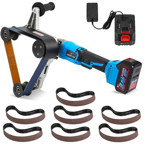 NEWTRY Cordless Pipe Tube Polisher Sander, Stainless Steel Belt Grinding Machine,400W Brushless Motor, 4.2-6.2m/s Adjustable Speed with Spared Rechargeable Battery & 8 PCS Sanding Belts