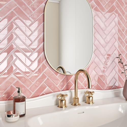 Livelynine Klebefliesen Bad Wand 3D Fischgrätenmuster Hellrosa 30x30 Fliesenaufkleber Küche 3D Rosa 16-Stück Wandfliesen Selbstklebend Küche PVC Fliesen Selbstklebend Küchenrückwand Klebefliesen Wand