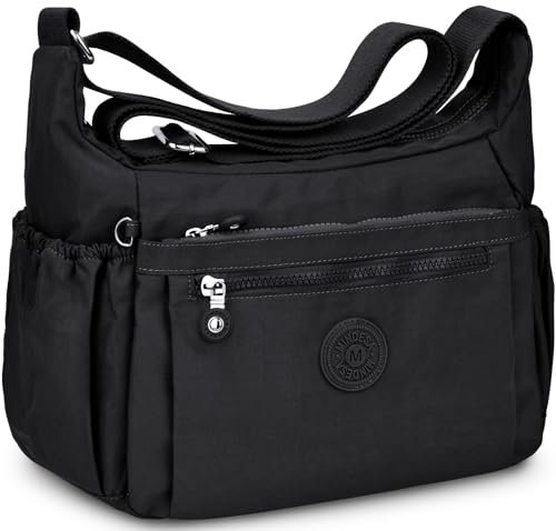 WACCET Umhängetasche Damen Groß, Wasserdichte Nylon Crossbody Bag Damen mit Verstellbarem Breitem Schultergurt, Handtasche Damen mit Vielen Fächern, Leichte Schultertasche für Reisen, Arbeit