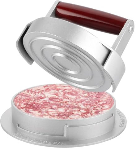 LDXDRU Prensa para hamburguesas de 14 cm de diámetro, de aluminio, con mango de madera, antiadherente, 3 niveles para ajustar el grosor para deliciosas hamburguesas, barbacoa, carne