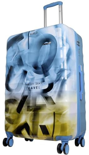 Warenhandel König Hartschalen Koffer Trolley Revona Blau Braun mit tollem Print Motiv und Dehnfalte, Größe XL