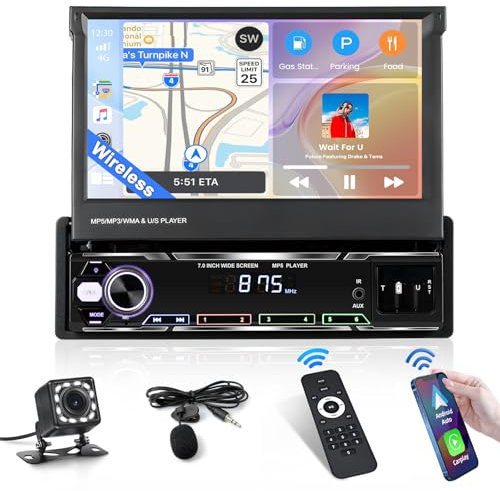 Inefala Autoradio 1 DIN con Pantalla Retráctil Carplay Android Auto, 7'' Pantalla Táctil Coche Estéreo con Bluetooth Mirror Link FM/RDS USB AUX eq con una Cámara Trasera