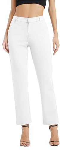 Mujeres Casual Comercio Rectas Piernas Trabajo Elástica Cintura Traje Pantalones con Bolsillos(XL, Blanco)