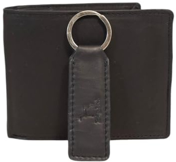Ridgeback Genuine Leather Bifold Wallet & Keychain Set for Men - RFID Blocking, Coin Pocket, Gift Boxed - Black