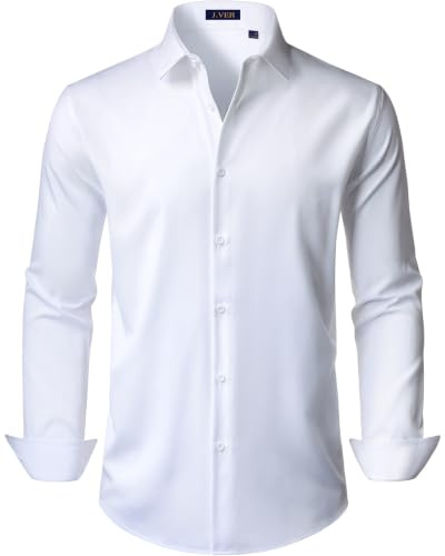 J.VER Men's White Dress Shirt Stretch Long Sleeve Formal Shirt Solid Business Casual Button Down Shirts for Wedding Prom