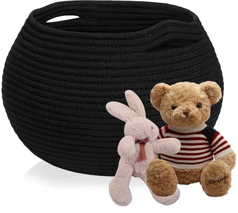 Cesta de almacenamiento de algodón 25 x 21 cm, cesta para la ropa sucia redonda negra, cesta de almacenamiento para niños, cesta de algodón trenzado para estantería, baño y salón decorativo