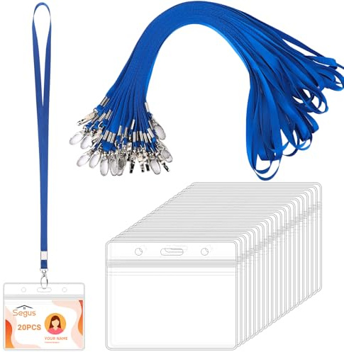 Segus Acreditaciones Colgantes, 20 Piezas Lanyard Azul con Fundas Tarjetas Identificativas, Transparente e Impermeable, Cinta Cuello Llaves para Profesores, Enfermeras y Estudiantes (Horizontal)
