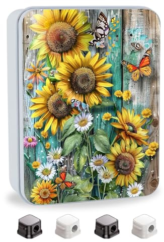 VACGBJPG Metal Tin Box with Lid,Small Multi - Functional Storage Containers Mini Metal Tool Box - Equipped with 4 Magnetic Cord Clips(Sunflowers Daisies and Butterflies)