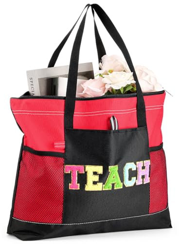 Reginary Tragetasche für Lehrer, Lehrer, Wertschätzung, Geschenk, Lehrertag, Chenille, Reise-Organizer, Lehrer-Geschenk für Lehrer, Abschiedsgeschenk, Lehrer, Abschluss, Schule, Party, rot, schwarz