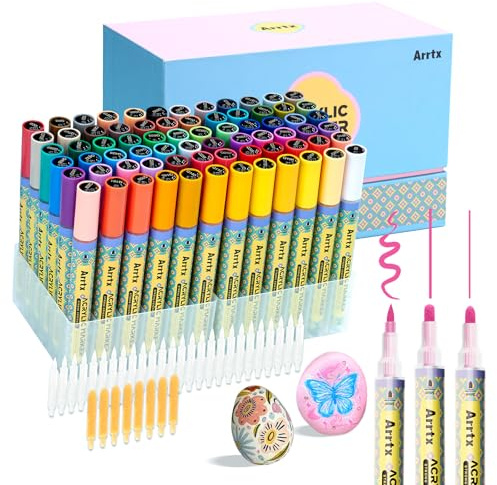 Arrtx Acrylstifte für Steine Bemalen, 72 Farben 3mm Mittlere Spitze Acrylstifte Marker, Acrylmarker für Künstler, Steinmalerei, Holz, Leinwand, Bastelbedarf, Glas, Metall