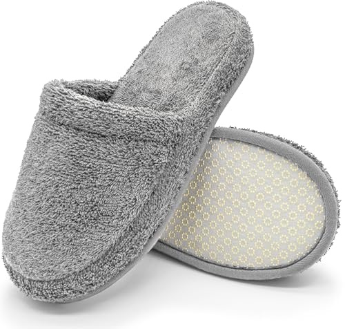 Lyxiga Memory Foam Tofflor – 100 % Frotté i Bomull – Halkfria, Stängd Tå, Tvättbara – För Kvinnor & Män – Perfekta för Hemmet, Spa, Bastu & Hotell – Grå, 38-42, GR-1