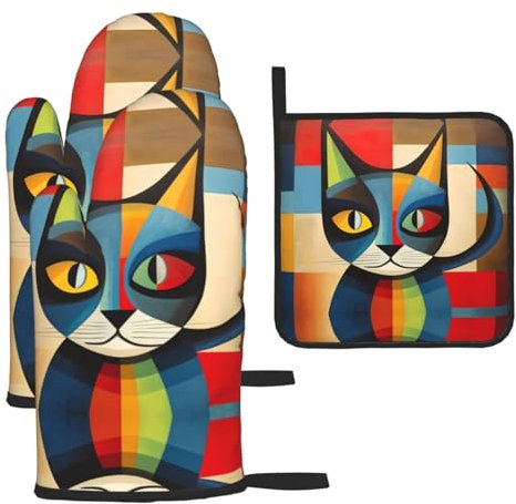 WZYWHJ Set di 3 presine da forno con immagine di gatto, in tessuto spesso, resistente e impermeabile per protezione dal calore