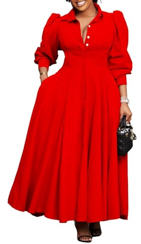 Women's Fashion Button Closure Long Shirt Dress Lapel Long Puff Sleeves High Waist A-Line Big Swing Flowy Maxi Dress