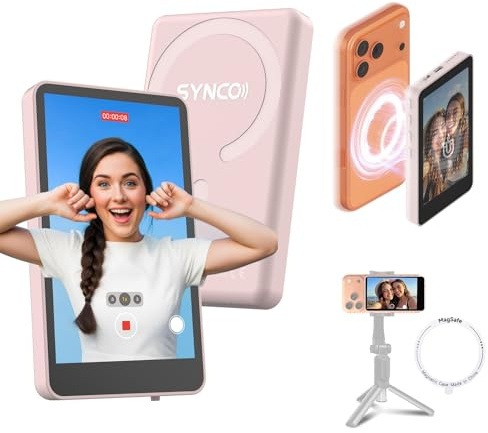 SYNCO XView Magnetic Wireless Phone Monitor for iPhone & Android, 4K/1080p Rear Camera Vlog Screen with 164FT Range, Built-in Speaker for YouTube TikTok Live Streaming (Pink)