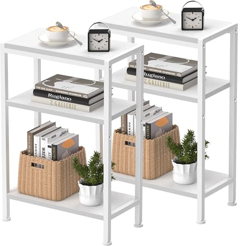 Vantimo Schmaler Beistelltisch, Nachttisch, 2er Set, Kleiner Tisch, 3 Ablagen Nachttisch Schmal mit Stauraum, Sofa beistelltisch für schmale Räume, Wohnzimmer, Schlafzimmer, Küche &Balkon (Weiß)