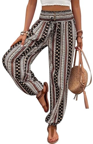 Minetom Pantalon Sarouel Femme Boho Sport Taille Haute Bouffant Pants pour Pilate Hippie Yoga Fitness Danse Pyjama Ete Plage B Marron XXL