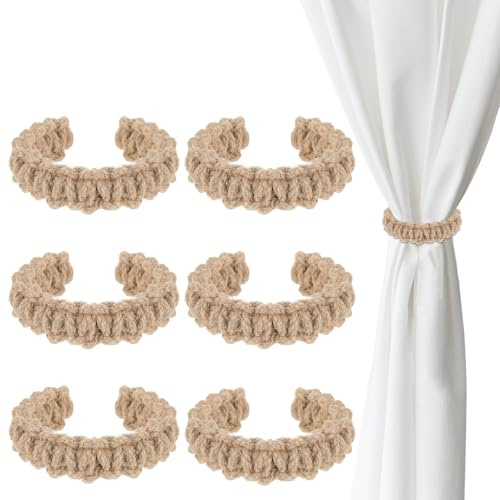 Ptwola 6 Pack Braided Curtain Tiebacks Boho Elegant Rustic Curtain Holdbacks Tie Backs Holders Set Simple Light Weight Drapes Decorative Accessories Handmade for Home Office Bedroom Window (6, Linen)
