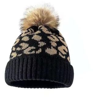 YOOCHUENG Dammössa vinter varm leopard tofs hatt för flickor, mössor och hattar accessoarer dam, svart, One size