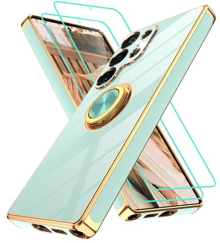 Gritup Slim Fit Case for Samsung Galaxy S25 Ultra,Shockproof Soft Cover with 2 Pcs HD Screen Protectors,and Built-in Ring Kickstand Phone Cover,S25 Ultra-Light Green