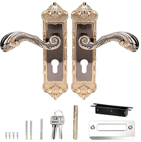 Tomedny Vintage Türgriff Set, europäischer Stil Tür Schloss Innenhebel Türgriff mit Schlüsselzylinder und Zubehör Türknopf für Home Office Hotel