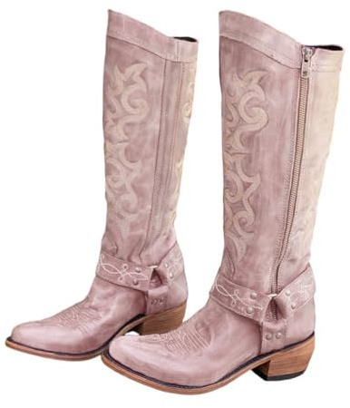 Cowboy stövlar för kvinnor extra bred broderad mellanvad cowgirl stövel bred vad låg klack västernstövlar läder knähöga tossor bekväma tjocka blockklack spetsig tå dra på mocka slouch skor, C rosa, 40