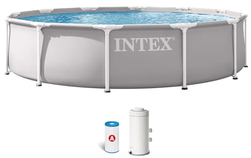 Intex - Piscina Desmontable, Gris, D366x76 cm, Capacidad para 6.503 litros, Estructura metálica, Ideal 5 Personas, Montaje 30 Minutos, Incluye depuradora, Conexiones Ø32 mm (56081)