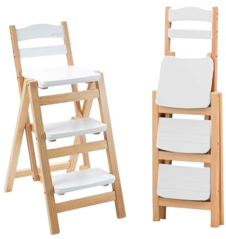 Sgabello multifunzione pieghevole a 3 gradini, portatile, in legno massello, per adulti, capacità 150 kg, ideale per uso domestico e bar (bianco)