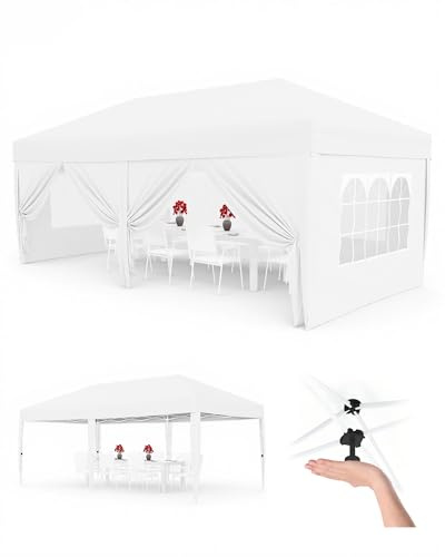 Vikbar paviljong 3 x 6 m, vattentät, stabil med 6 sidoväggar – puppaviljong vikbar av 420D Oxford, UV-skydd 50+, justerbar i 3 fack, festtält med bärväska för trädgård och utomhus, vit