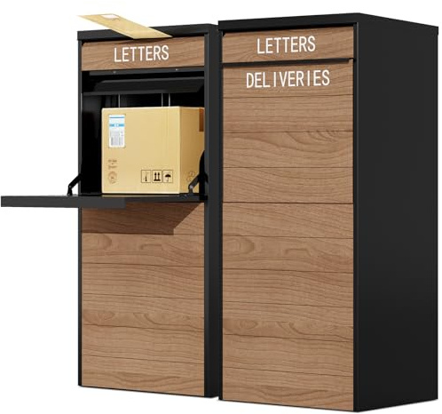 Package Delivery Box for Outside with Lock, 41.5 H Metal Parcel Drop Box with Wood-Grain Finish, Parcel Box with Anti-Theft Mail Slot & Security Baffle, Waterproof Mailbox with Delivery Sign