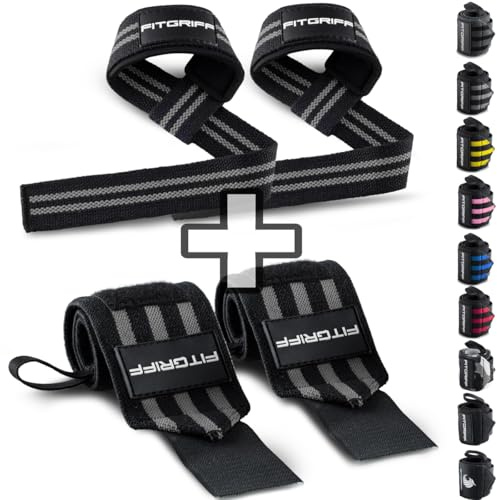 Fitgriff Handledsbandage dragstöd (2 par/4 stycken) premium fitnessset för styrketräning, bodybuilding och styrketräning – för kvinnor och män – 2 års garanti (svart/grå)